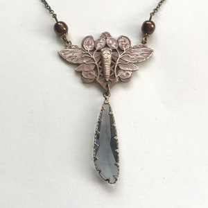 Art Nouveau antique brass butterfly necklace, genuine vintage jewelry, faceted glass teardrop jewel, artisan necklace, unique gift for her