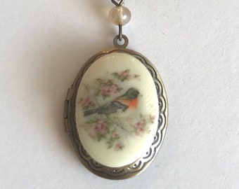 Spring robin necklace, bird locket necklace, bird with cherry blossoms, oval brass locket, vintage style Victorian locket, unique gift