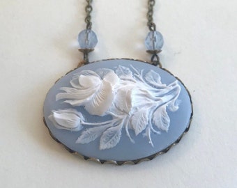 White rose cameo necklace, large blue cameo pendant, brass setting, gift for Mom, women's gift, vintage cameo jewelry, unique flower cameo