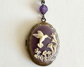 Purple hummingbird cameo locket necklace, amethyst bead with soldered brass chain, vintage jewelry gift for her, keepsake photo locket