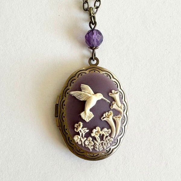 Purple hummingbird cameo locket necklace, amethyst bead with soldered brass chain, vintage jewelry gift for her, keepsake photo locket