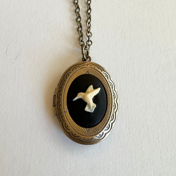 Hummingbird cameo locket necklace, black cameo photo locket, women's keepsake jewelry, gift for her, gift for mom, bird necklace