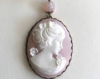 Vintage pink cameo necklace, lady cameo pendant, long brass chain, Mother's day gift, spring necklace, vintage jewelry gift for her