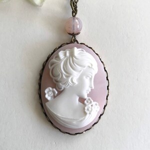 Vintage pink lady cameo necklace, large cameo pendant, long brass chain, Mother's day gift, vintage jewelry gift for her