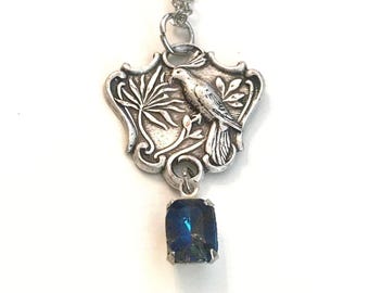 Dainty silver bird necklace, vintage blue glass jewel with silver chain, Victorian style pendant