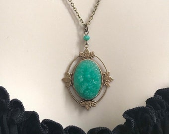 Vintage green glass pendant necklace, carved glass cabochon with brass setting, Victorian style necklace, unique gift for her