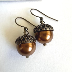 Copper Acorn Pearl Dangle Earrings Woodland Wedding Botanical Vintage Nature Jewelry