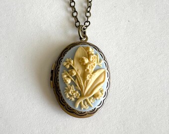 Lily of the valley locket necklace, blue flower cameo, oval brass locket, gift for mom, gift for her, keepsake necklace, vintage jewelry