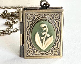 Lily of the Valley Locket Necklace: Sage Green Cameo Book Locket Vintage Botanical Jewelry