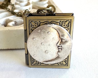 Silver Moon Locket Necklace, brass book style, moon and stars keepsake pendant