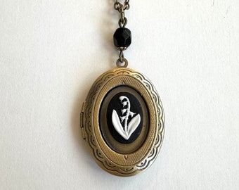 Lily of the valley cameo locket necklace, oval brass locket with black cameo, gift for mom, gift for her, keepsake necklace