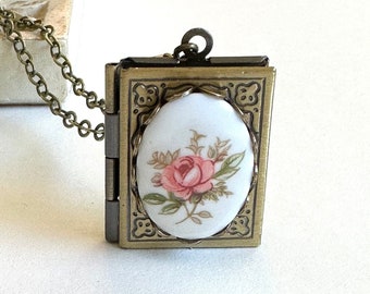 Pink rose locket necklace, brass book style locket, vintage porcelain rose cabochon, keepsake gift for her, necklace for women