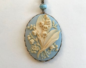 Blue Lily of the valley cameo necklace, spring cameo pendant, Victorian style necklace, gift for her, vintage inspired jewelry