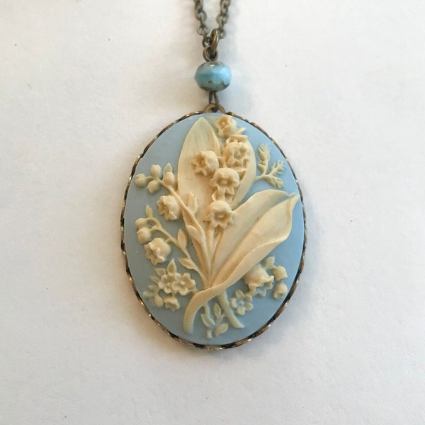 Blue Lily of the valley cameo necklace, spring cameo pendant, Victorian style necklace, gift for her, vintage inspired jewelry