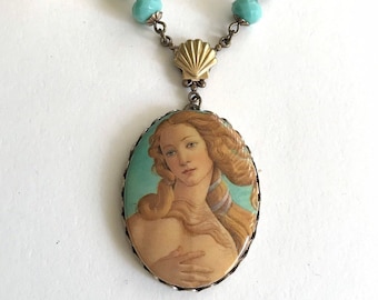 Birth of Venus pendant necklace, vintage porcelain cabochon, beaded chain, gift for her, goddess necklace for women, gift for her