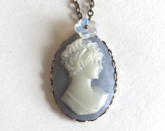 Wedgewood blue lady cameo necklace, Victorian style, oxidized brass setting, vintage jewelry gift for her, gift for mom