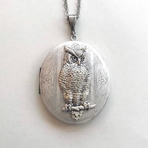 Silver owl locket necklace, large vintage locket, owl jewelry, gift for her, long chain, vintage jewelry, photo locket, women's owl necklace