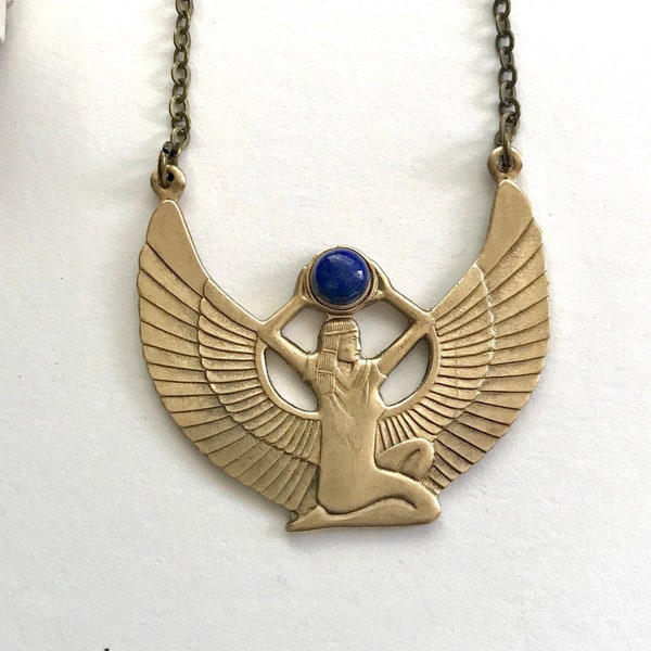 Vintage Egyptian Isis necklace, lapis stone, solid brass pendant, goddess necklace, Egyptian revival vintage jewelry