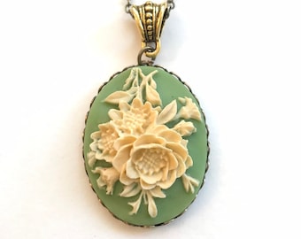 Sage green cameo necklace, with long brass chain, ivory rose cameo, vintage inspired jewelry, oxidized brass setting, gift for her