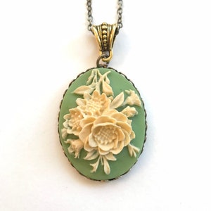 Sage green cameo necklace, with long brass chain, ivory rose cameo, vintage inspired jewelry, oxidized brass setting, gift for her image 1