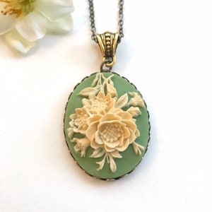 Vintage green cameo necklace, ivory rose cameo pendant, Mother's day gift, Spring jewelry, Victorian style gift for her, long brass chain image 1