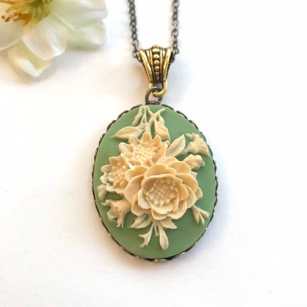 Vintage green cameo necklace, ivory rose cameo pendant, Mother's day gift, Spring jewelry, Victorian style gift for her, long brass chain