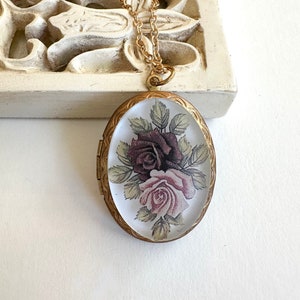 Rose cameo locket necklace, vintage solid brass locket, floral cameo with two roses, Victorian style jewelry gift for her, gift for mom image 1