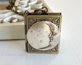 Moon and stars locket necklace, brass book locket, silver moon celestial pendant, vintage jewelry gift for her, women's jewelry