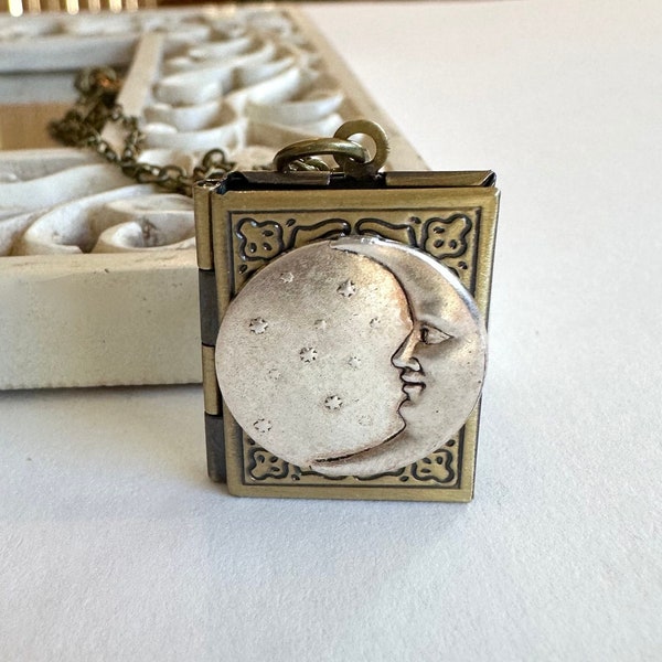 Silver Moon locket necklace, brass book locket, moon and stars pendant, vintage jewelry gift for her, women's jewelry, gift for her