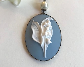 Lily of the valley cameo necklace, blue flower cameo, pearl bead accent, Mother’s Day gift, cameo jewelry, spring jewelry, large cameo