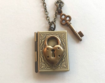 Lock and Key Book Locket necklace, brass heart locket, keepsake jewelry gift for girlfriend, vintage inspired valentine gift