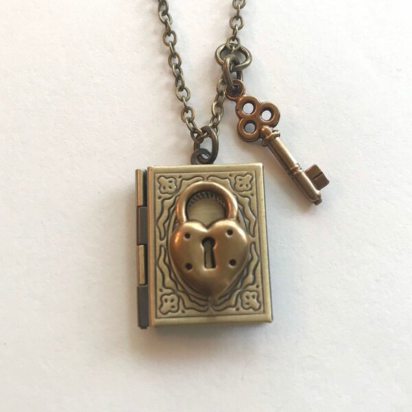 Lock and Key Book Locket necklace, brass heart locket, keepsake jewelry gift for girlfriend, vintage inspired valentine gift