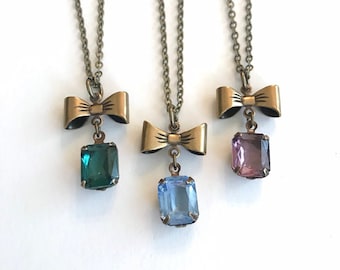 Vintage brass bow necklace with glass jewel, choose color, vintage glass stone, dainty pendant, gift for her, gift for Mom