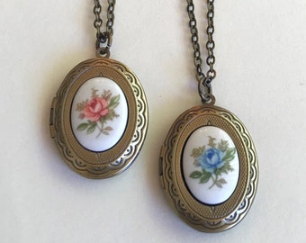 Vintage rose cameo locket necklace, choose color, porcelain cameo, oval brass locket, bridesmaid locket, Victorian jewelry, gift for her