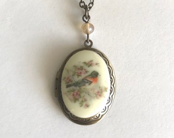 Spring robin necklace, bird locket necklace, bird with cherry blossoms, oval brass locket, vintage style Victorian locket, unique gift