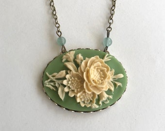 Sage green cameo necklace with ivory rose, large cameo pendant, vintage inspired rose necklace, gift for Mom, women's giftvintage cameo