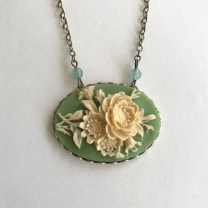 Sage green cameo necklace with ivory rose, large cameo pendant, vintage inspired rose necklace, gift for Mom, women's giftvintage cameo