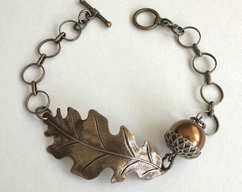 Brass Oak Leaf Cuff Bracelet with Copper Acorn, Vintage Nature Jewelry
