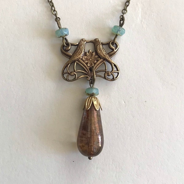 Vintage Brass Bird Necklace, glass teardrop bead, filigree bird pendant, Art Nouveau necklace, vintage jewelry, women's gift, bird pendant