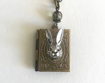 Spring bunny rabbit locket necklace, book locket, silver rabbit necklace, Easter necklace, gift for her, 3-D charm