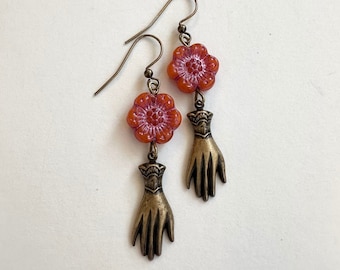 Vintage hand earrings, orange glass flower beads, brass hand charms, women's long earrings, gift for girlfriend