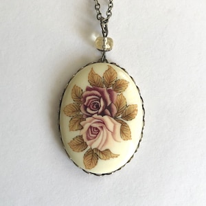 Vintage porcelain rose necklace, pink rose pendant, flower cabochon, oxidized brass setting, vintage jewelry, gift for her, gift for mom