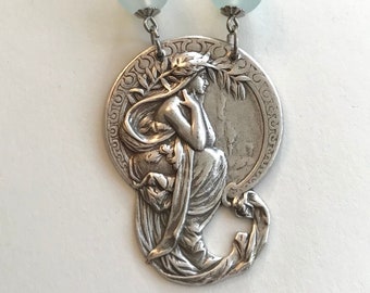 Art Nouveau Goddess Necklace, silver goddess pendant, blue chalcedony beads, vintage jewelry, women's jewelry, unique gift for her