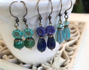 Dainty earrings trio set, 3 pairs glass teardrop earrings, glass bead lightweight dangles, cobalt blue, aqua blue, green, gift for her,