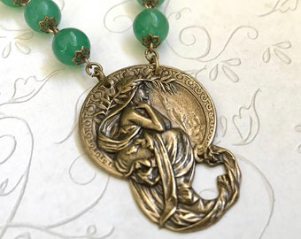 Vintage brass goddess necklace, Art Nouveau pendant with green jade beads, vintage jewelry gift for her, women's long necklace