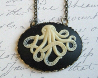 Octopus necklace, black cameo, octopus cameo, brass setting, nautical necklace, cameo jewelry, steampunk necklace, octopus pendant