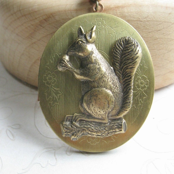 Vintage Brass Squirrel locket necklace, long chain, large oval brass locket, gift for her, gift for nature lover, woodland animal