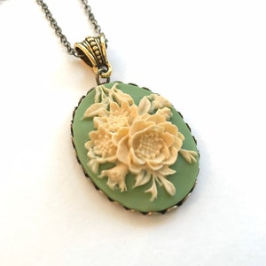 Vintage green cameo necklace, ivory rose cameo pendant, Mother's day gift, Spring jewelry, Victorian style gift for her, long brass chain image 2