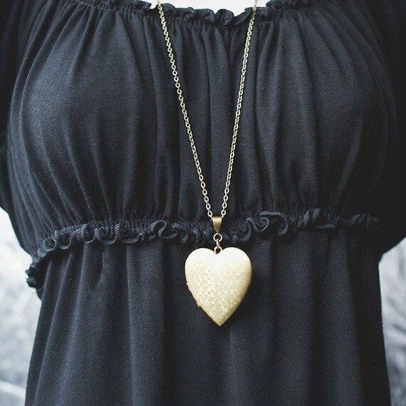 Vintage Heart Locket Necklace Textured 