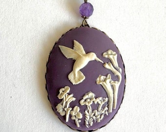 Purple Hummingbird Cameo Necklace: Amethyst Bead, Oxidized Brass Setting, Vintage Style Jewelry